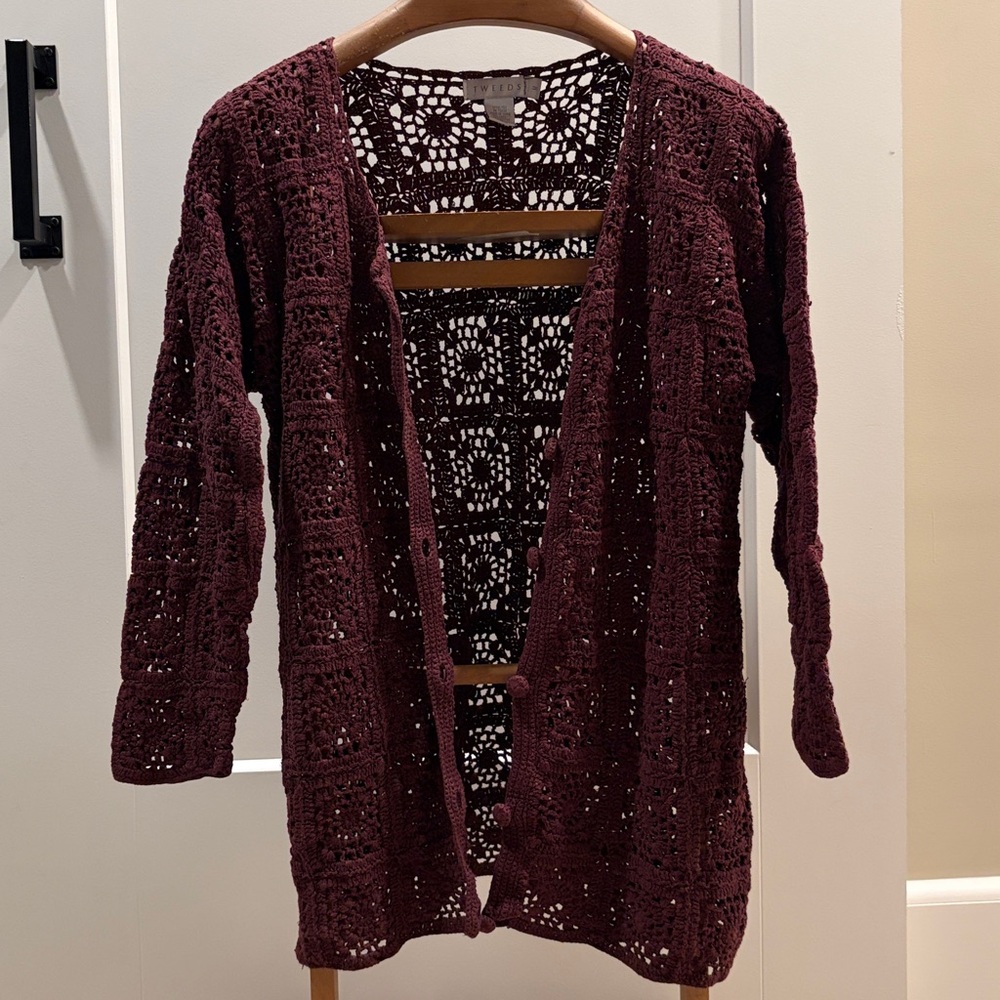 Tweeds Crochet Open Front Cardigan in Deep Burgundy